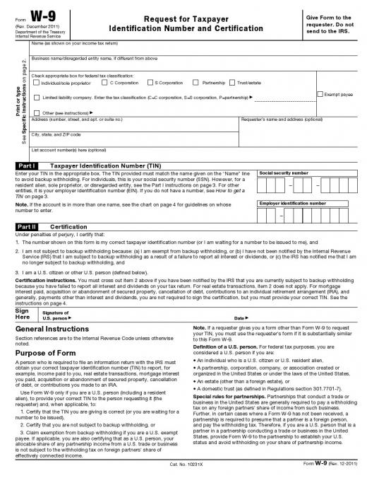 W-9 form, a type of tax form filed for freelance and contract employees.